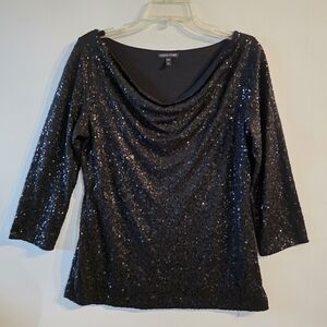 Sz XS Womens Eileen Fisher Black Sequin Silk Cowl Bateau Neck Blouse Top Lined